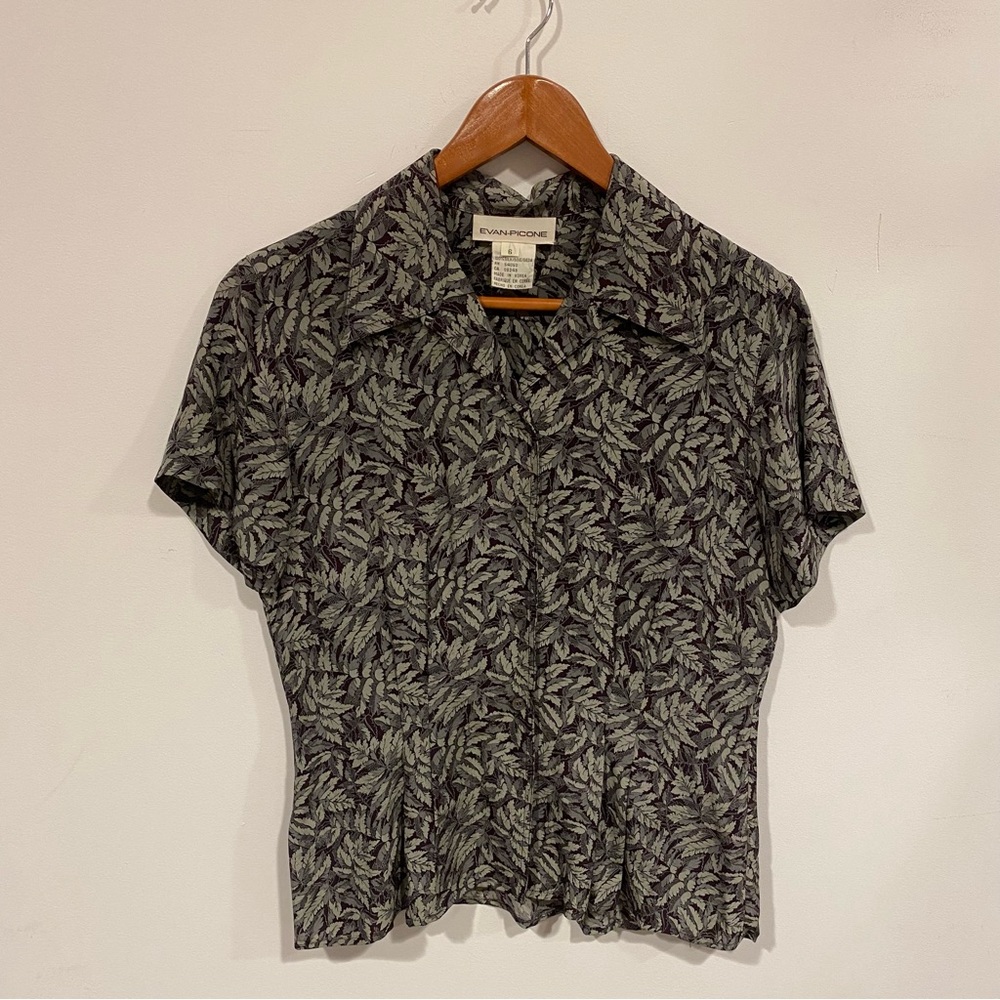Evan Picone Womens Short Sleeve 100% Silk Floral Top Button Up Vintage